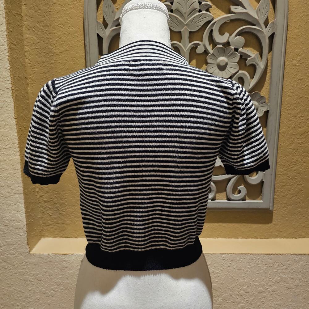 Threaded Leaf Striped Bow Sweater M Cropped Feminine Coquette Parisian Knit Twee - Picture 4 of 15